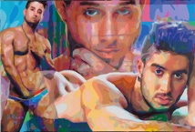Gay Male Art paintings "Diego Sans"  by San Francisco artist Donald Rizzo. Donald Rizzo paints kaleidoscopic visions of vibrant colors.